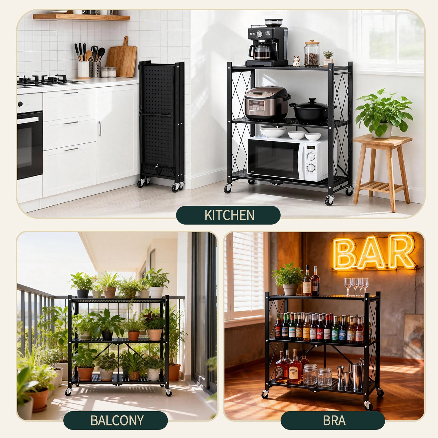 TAIMASI 3-Tier Foldable Metal Storage Shelf with Wheels, Heavy-Duty Rolling Wire Rack for Garage, Kitchen, Basement, Pantry, 27.75''L x 13.38''W x 34.44''H-Black