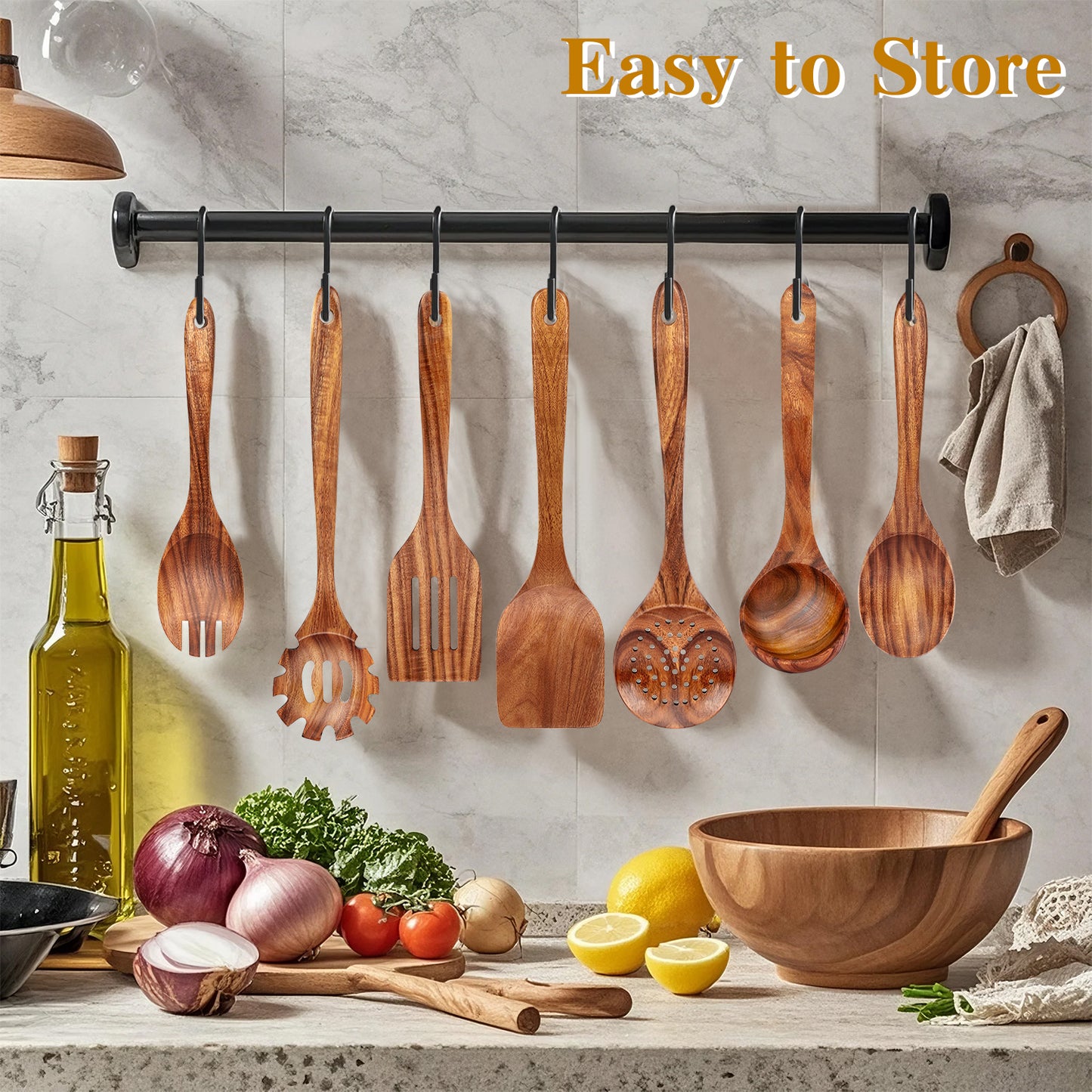 Kitchen 6-Piece Wooden Spoons for Cooking - AOKIWO Smooth Finish Teak Wooden Utensils for Cooking - Soft Comfortable Grip Wood Spoons for Cooking