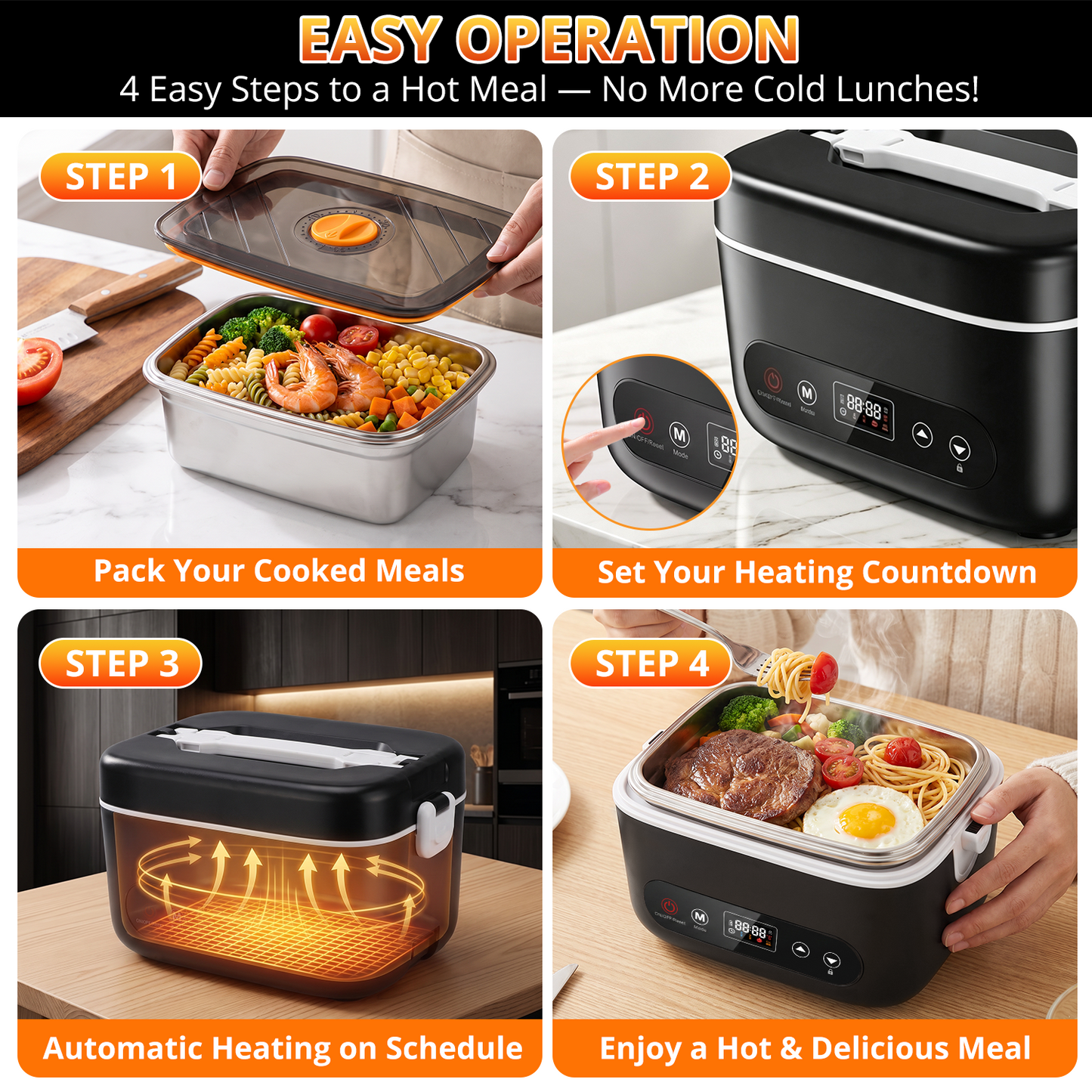 Heated Lunch Box, 5-Cup Electric Lunch Box for Adults, Rechargeable Heating Lunch Box with Scheduled Heating, Leak-Proof, Bonus Ice Pack & Insulated Bag for Work, Outdoor, Travel, Car, Office