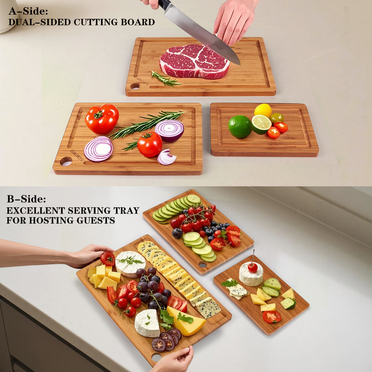 Bamboo Cutting Board, Durable Wood Cutting Boards for Kitchen with Deep Juice Grooves