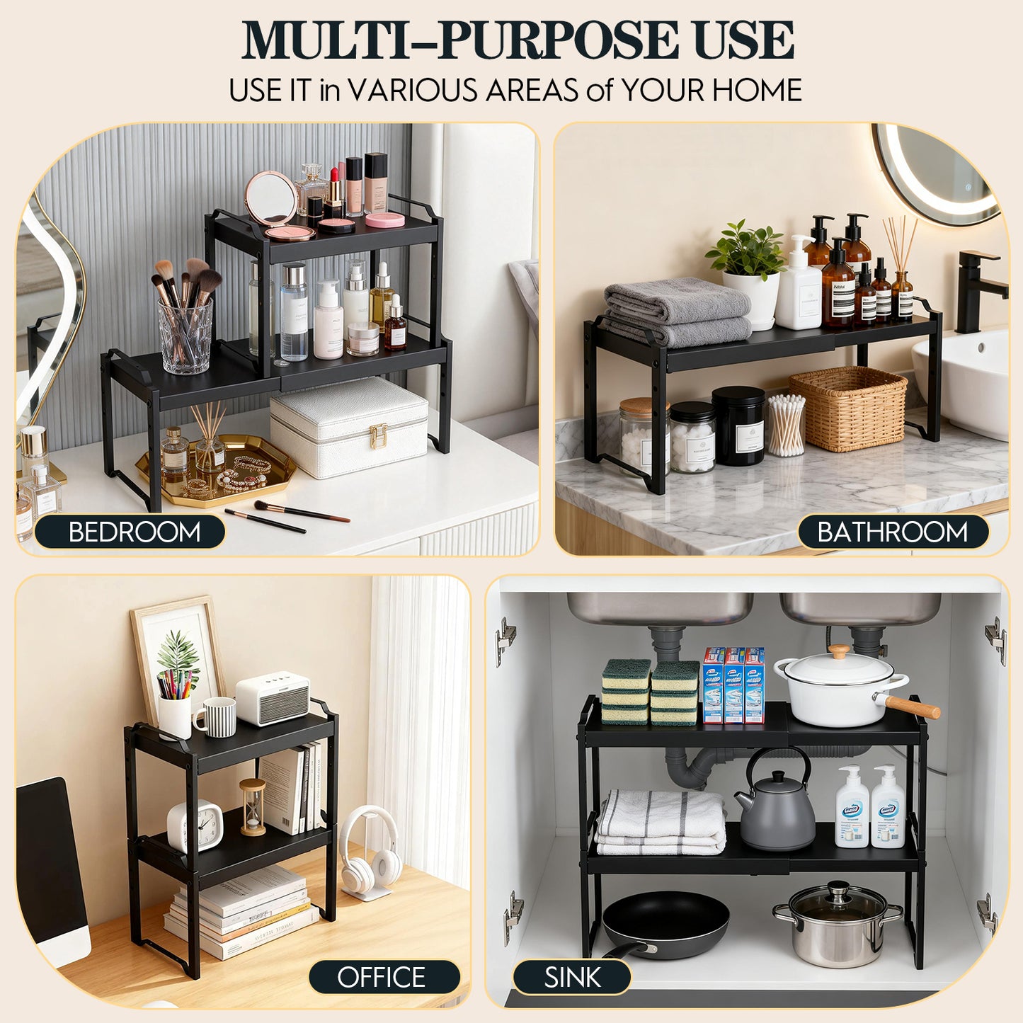 2 Pack Expandable Cabinet Organizer Shelves, Stackable Kitchen Countertop and Pantry Storage, Adjustable Cupboard Shelf Rack, Length 20.5"