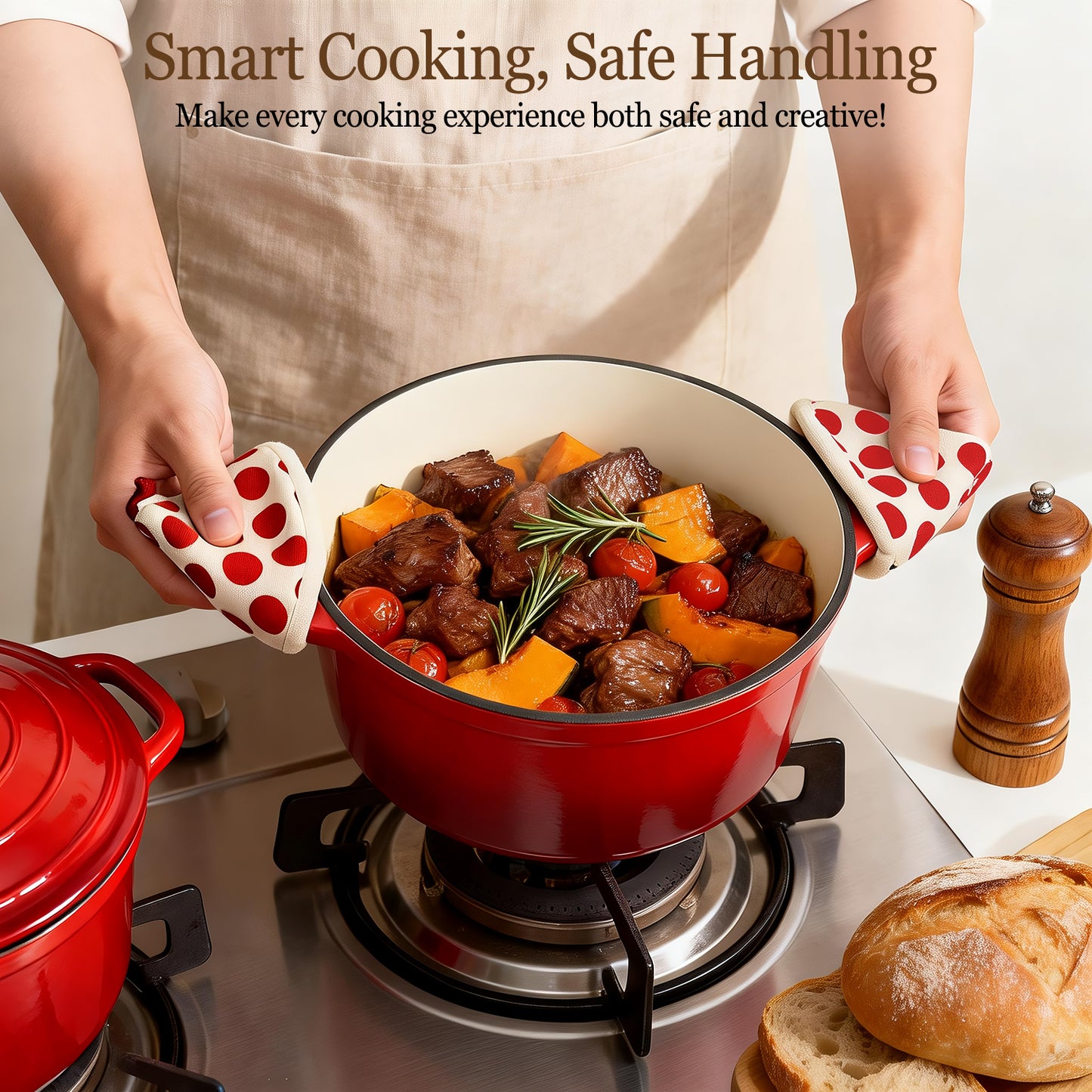 Enameled Cast Iron Dutch Oven, TAIMASI 5QT Dutch Oven Pot with Lid & Cotton Potholders, Heavy-Duty Cookware for Braising, Stews, Roasting, Bread Baking, All Stovetop Compatible (Red)
