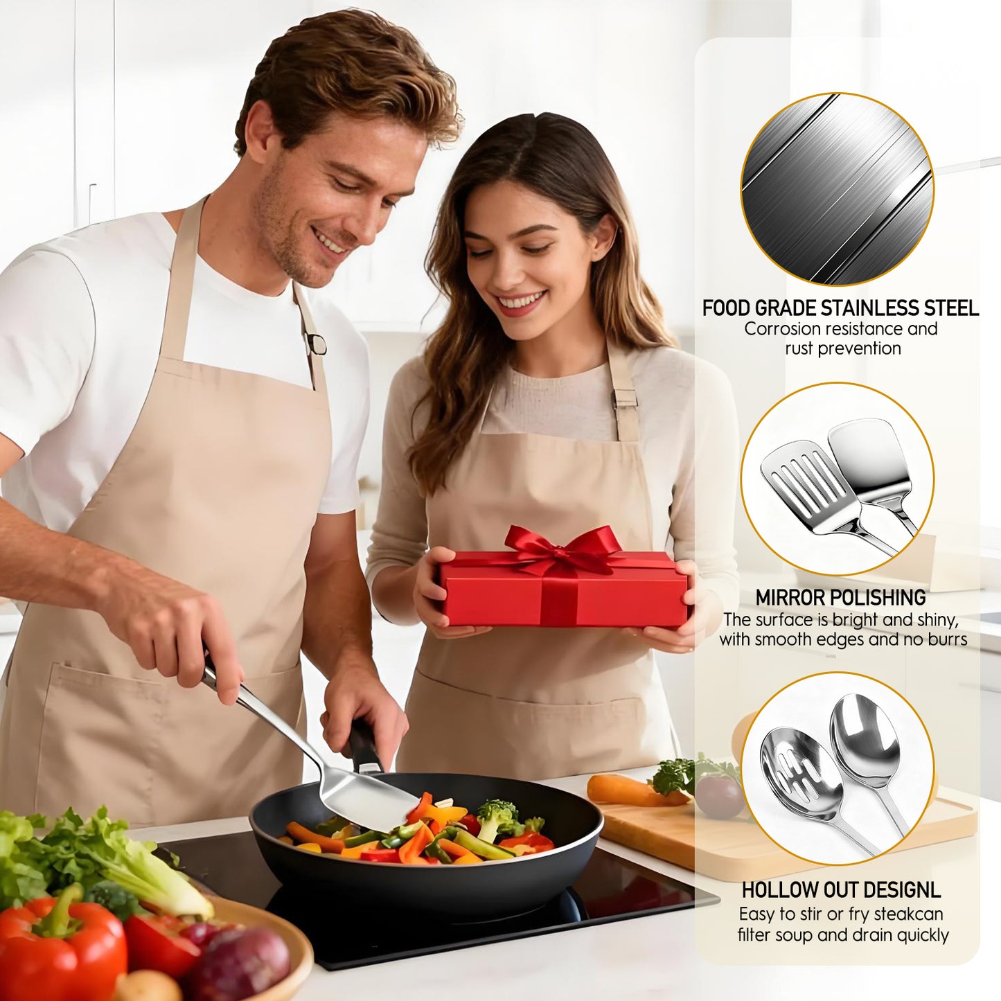 4 Pcs Cooking Utensils Set, TAIMASI Stainless Steel Kitchen Utensils, Kitchen Tools Set Include Solid & Slotted Turner Wok Spatula, Serving Spoon, Home Essentials Kitchen Gadgets Accessories