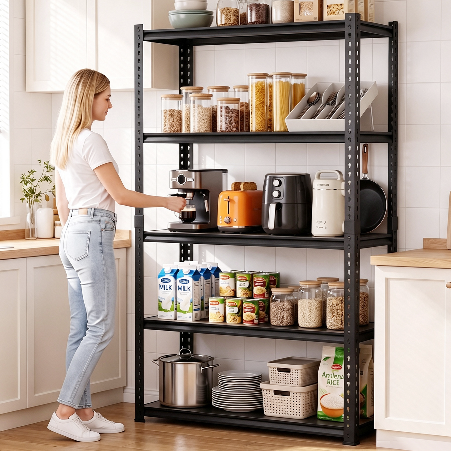 2400LBS Storage Shelves 5 Tier Garage Shelving Heavy Duty Adjustable Garage Shelves, Utility Rack Shelf, Shelving Units for Storage Warehouse Pantry Closet, 35.5" W x 11.9" D x 72" H, Black
