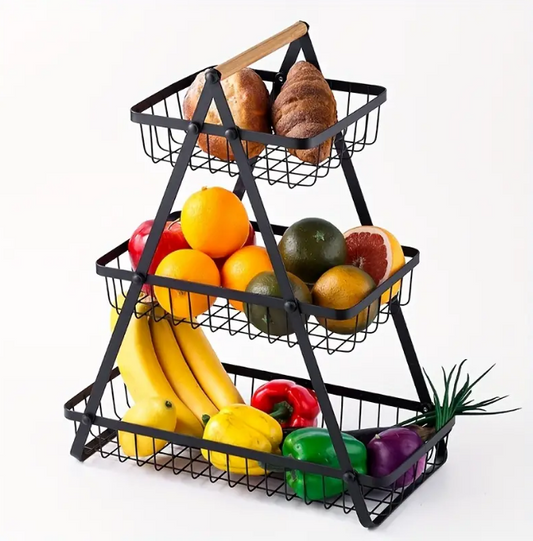 3 Tier Fruit Basket with Wooden Handles, AOKIWO Metal Multifunctional Kitchen Counter & Dining Organizer for Fruit, Vegetable, Pasta, Bread, Bathroom Storage