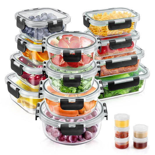34pcs Glass Food Storage Containers with Lids Set, Airtight Glass Meal Prep Containers (17 Containers & 17 Lids),Leak Proof Lunch Containers BPA-Free, Microwave, Oven, Freezer, Dishwasher,Black