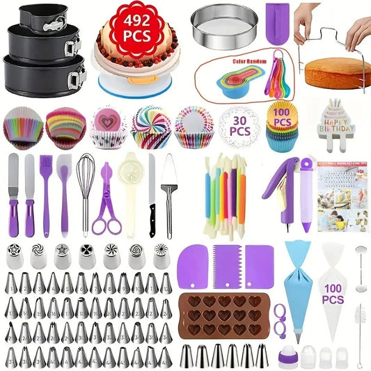 492Pcs Cake Decorating Kit with Baking Supplies, Including Springform Pans, Cake Turntable, Piping Tips, Pastry Bags, and Baking Tools