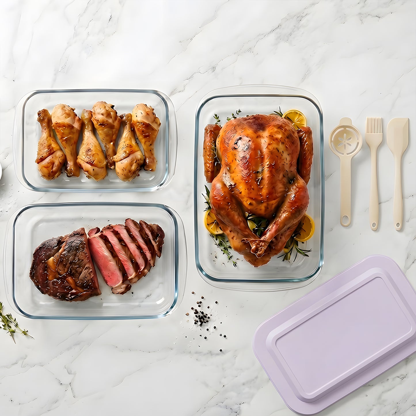 11 Pcs Deep Glass Baking Dish Set with lids/Egg Separator/Brush/Spatula, Rectangular Glass Baking Pans Bakeware Set for Lasagna, Leftovers, Cooking, Freezer-to-Oven, Multicolor