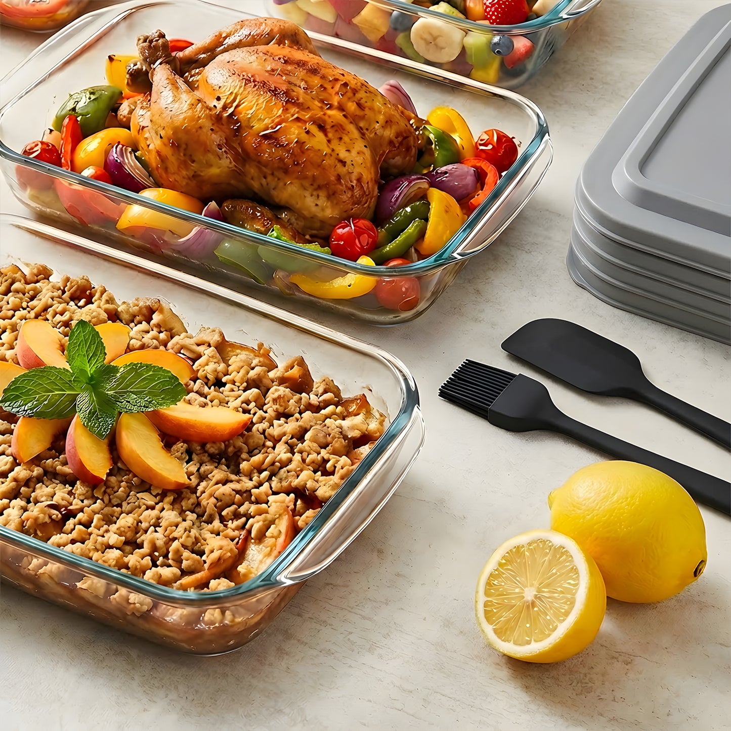 11 Pcs Deep Glass Baking Dish Set with lids/Egg Separator/Brush/Spatula, Rectangular Glass Baking Pans Bakeware Set for Lasagna, Leftovers, Cooking, Freezer-to-Oven, Gray