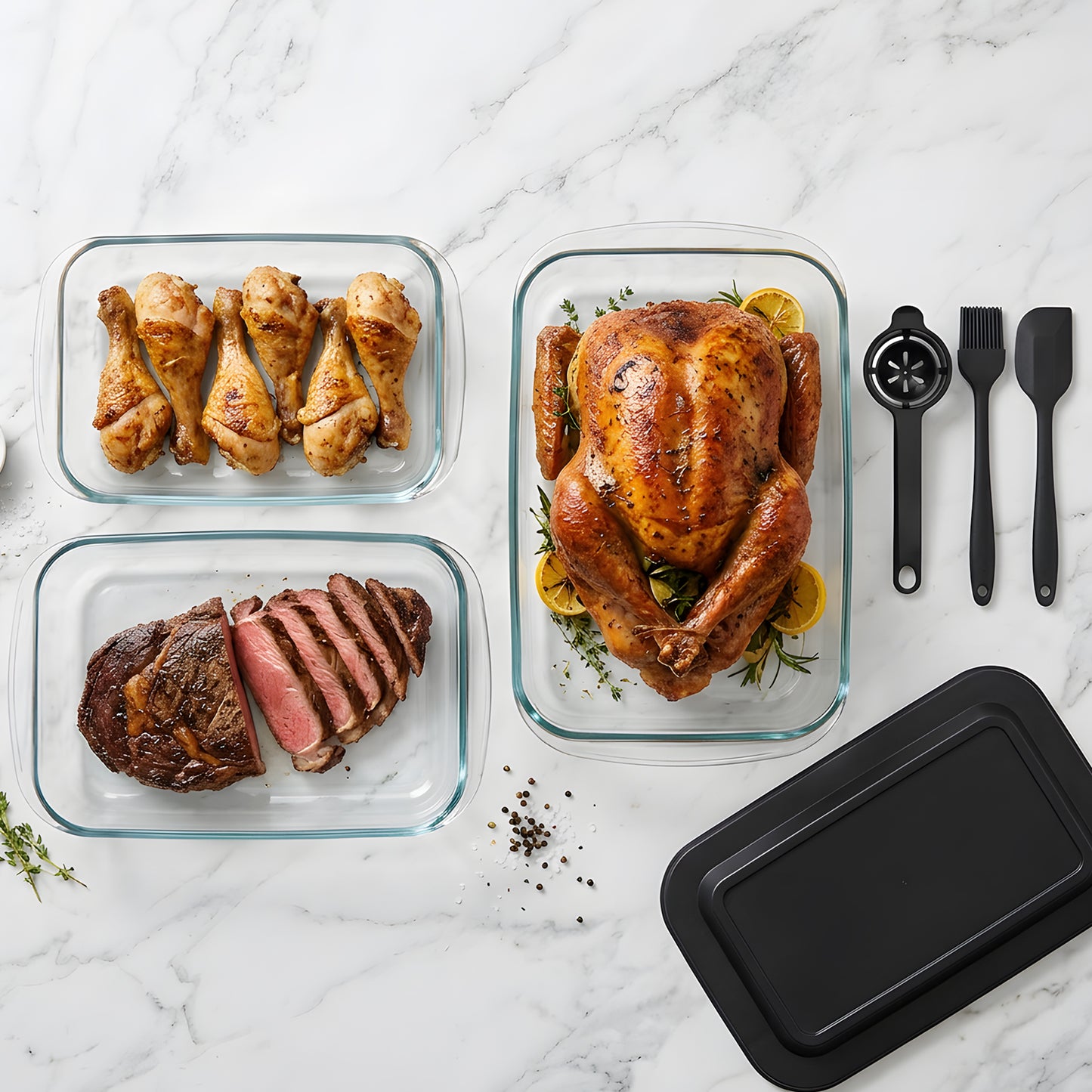 11 Pcs Deep Glass Baking Dish Set with lids/Egg Separator/Brush/Spatula, Rectangular Glass Baking Pans Bakeware Set for Lasagna, Leftovers, Cooking, Freezer-to-Oven, Black