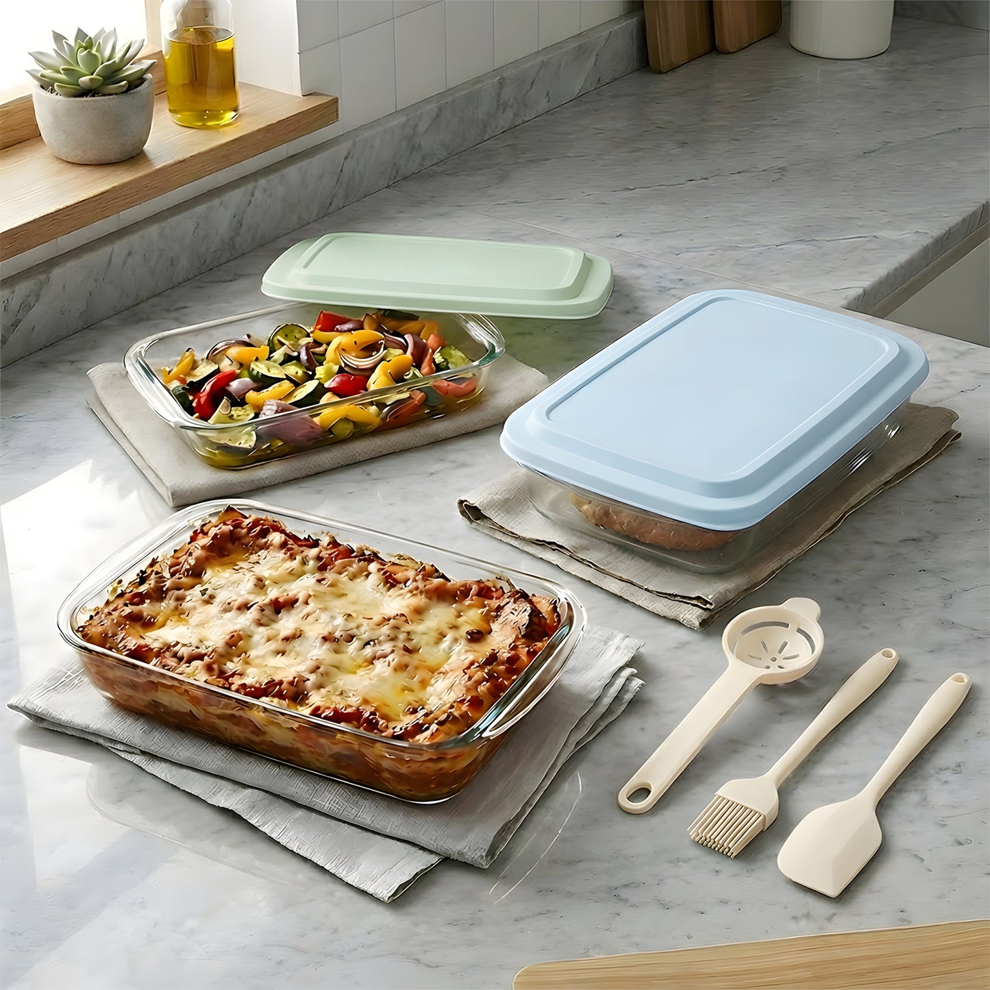 11 Pcs Deep Glass Baking Dish Set with lids/Egg Separator/Brush/Spatula, Rectangular Glass Baking Pans Bakeware Set for Lasagna, Leftovers, Cooking, Freezer-to-Oven, Multicolor
