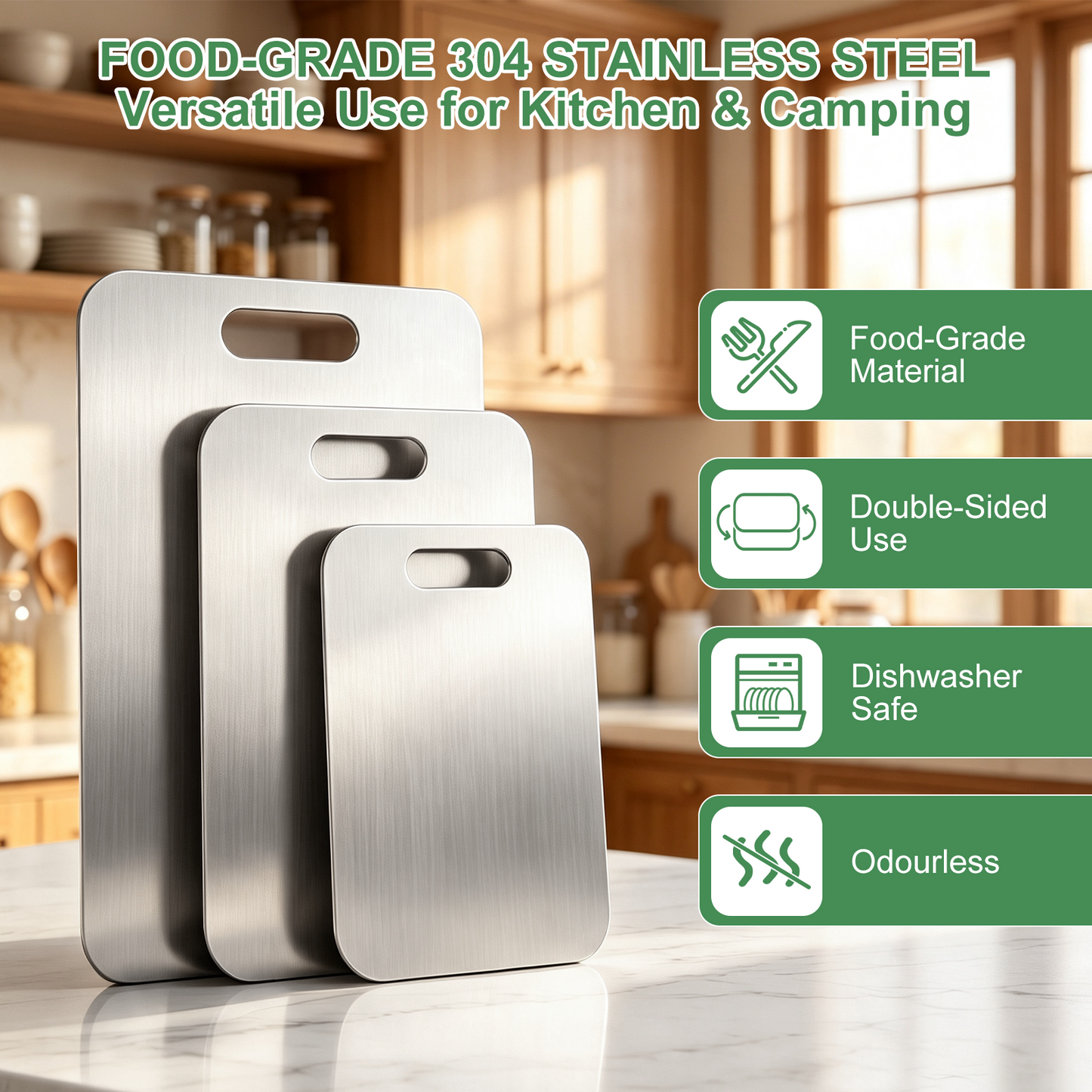 Wynra 3 Piece Stainless Steel Cutting Board Set, Non-Toxic Double-Sided Cutting Board for Kitchen, Durable Metal Cutting Board for Meat, Vegetables, Fruits & Bread, Dishwasher Safe