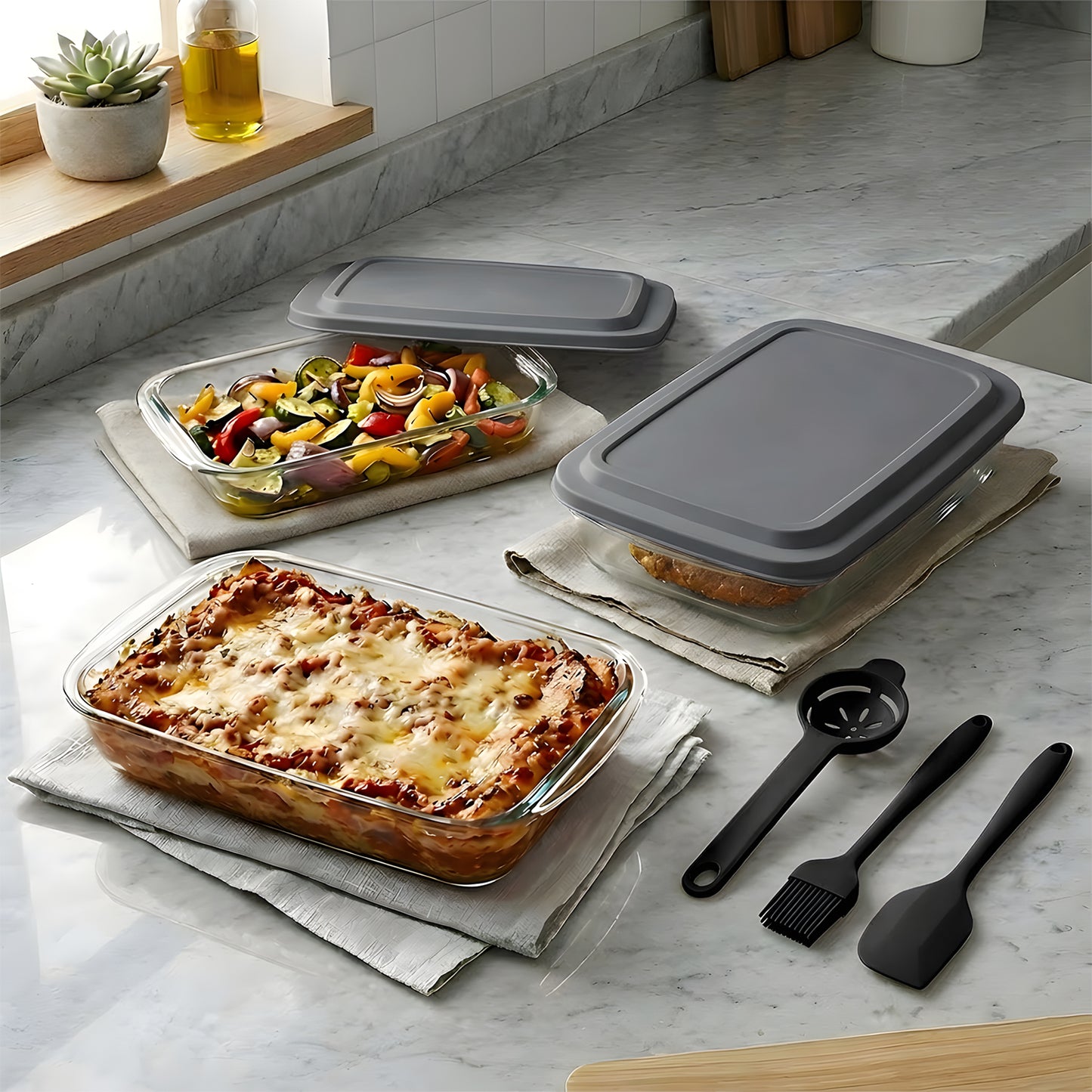 11 Pcs Deep Glass Baking Dish Set with lids/Egg Separator/Brush/Spatula, Rectangular Glass Baking Pans Bakeware Set for Lasagna, Leftovers, Cooking, Freezer-to-Oven, Gray