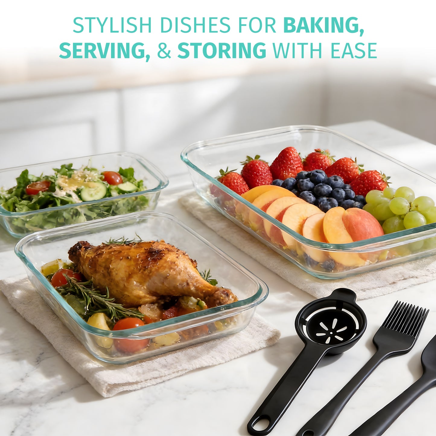 11 Pcs Deep Glass Baking Dish Set with lids/Egg Separator/Brush/Spatula, Rectangular Glass Baking Pans Bakeware Set for Lasagna, Leftovers, Cooking, Freezer-to-Oven, Black