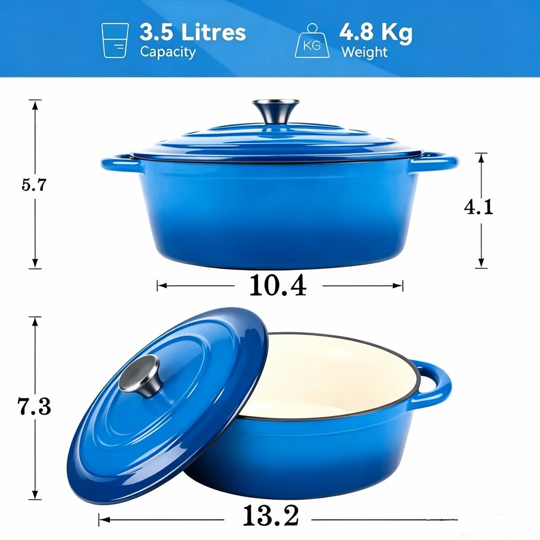 Enameled Oval Dutch Oven Pot , TAIMASI Cast Iron Dutch Oven with Dual Handles and Lid, Non-stick Enamel Coated Cookware for Bread Baking, Cooking, Frying, Oven Safe, Blue