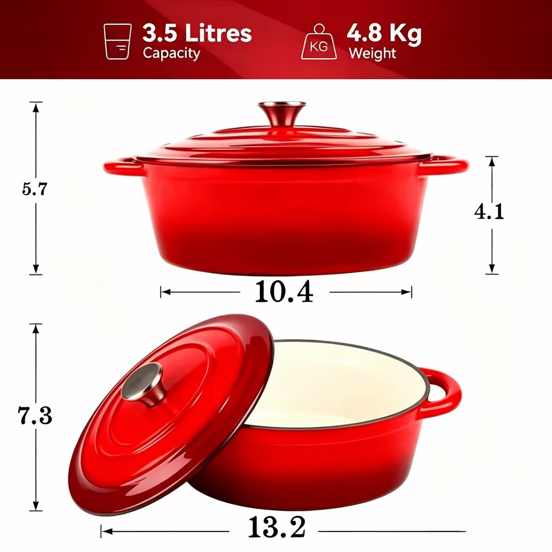 Enameled Oval Dutch Oven Pot , TAIMASI Cast Iron Dutch Oven with Dual Handles and Lid, Non-stick Enamel Coated Cookware for Bread Baking, Cooking, Frying, Oven Safe, Red