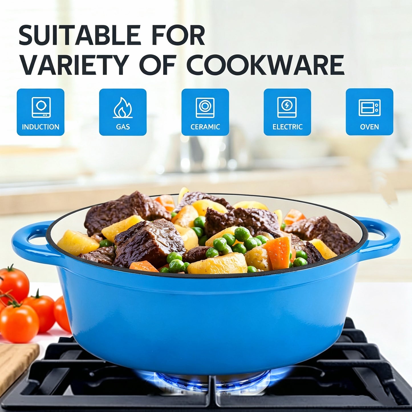 Enameled Oval Dutch Oven Pot , TAIMASI Cast Iron Dutch Oven with Dual Handles and Lid, Non-stick Enamel Coated Cookware for Bread Baking, Cooking, Frying, Oven Safe, Blue