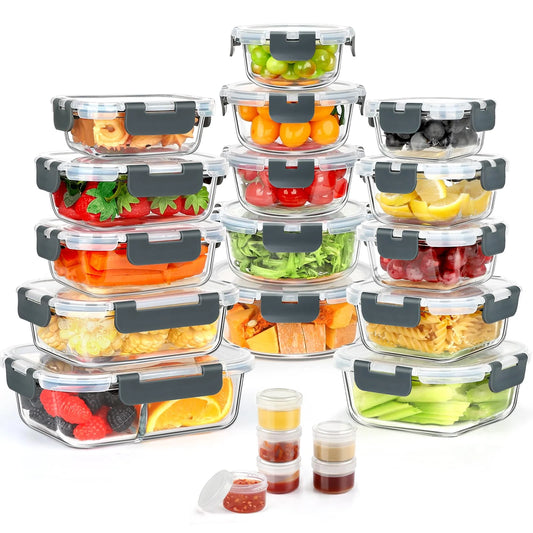 21 Set Glass Food Storage Containers with Snap Locking Lids Set, Glass Meal Prep Containers, 21 Containers & 21 Lids, Grey