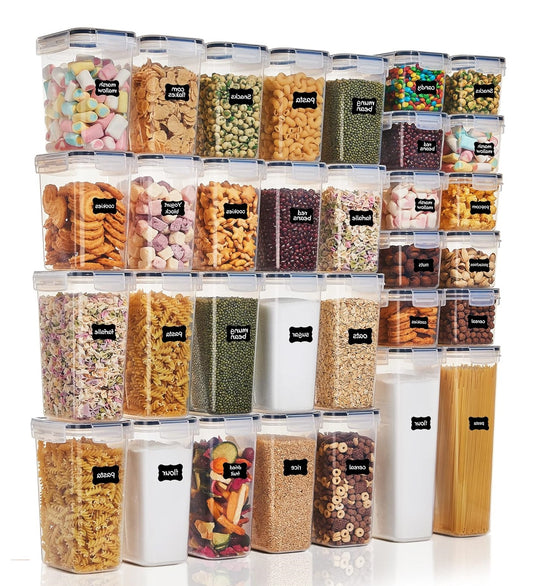 32Pcs Airtight Food Storage Containers Set, BPA Free Plastic Kitchen and Pantry Organization Canisters with Lids for Cereal, Dry Food, Flour and Sugar, Includes 32 Labels