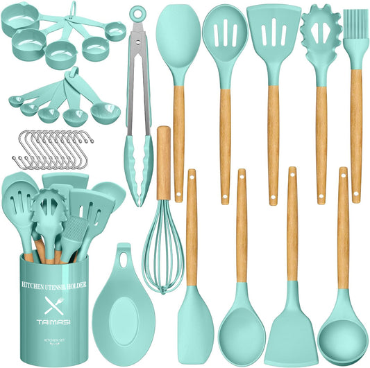 Silicone Cooking Utensils Set, 33 pcs Non-Stick Cooking Kitchen Utensils Set with Holder, Wooden Handle Gadgets Utensil Set (Green)