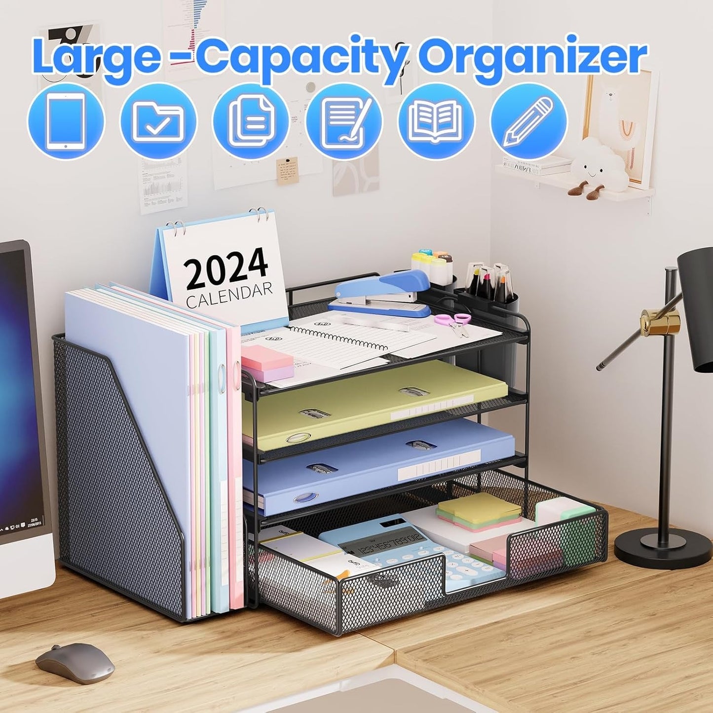 Desk Organizer and Accessories, 4-Tier Desktop File Organizer with Drawer and 2 Pen Holders, Office Desk Accessories & Workspace Organizers (Black)