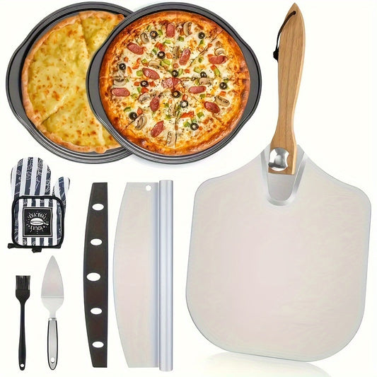 Foldable Pizza Peel Pizza Pan Set, 7Pcs 12" x 14" Aluminum Metal Pizza Paddle with Wooden Handle, Rocker Cutter, Server Set, Baking Oven Mitts, Oil Brushes, Homemade Pizza Oven Accessories
