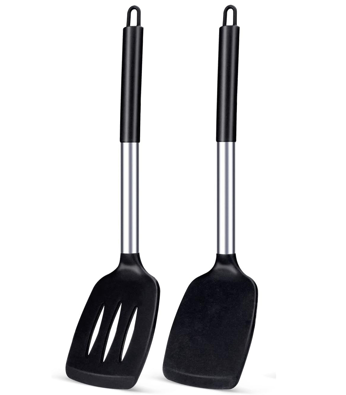 Pack of 2 Silicone Solid Turner,Non Stick Slotted Kitchen Spatulas,High Heat Resistant BPA Free Cooking Utensils,Ideal Cookware for Fish,Eggs,Pancakes (Black)