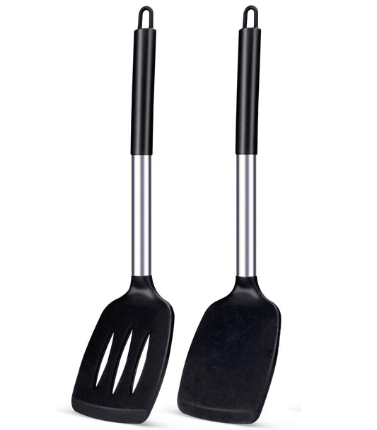 Pack of 2 Silicone Solid Turner,Non Stick Slotted Kitchen Spatulas,High Heat Resistant BPA Free Cooking Utensils,Ideal Cookware for Fish,Eggs,Pancakes (Black)