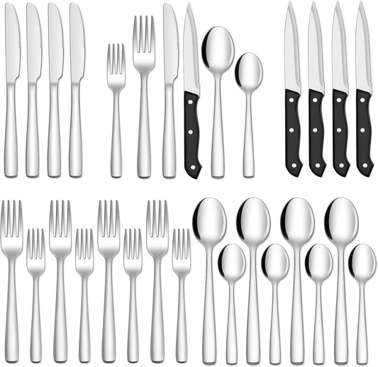 24-Piece Silverware Set with Steak Knives, Stainless Steel Flatware Cutlery, Mirror Polished Utensils Set for 4, Includes Forks Spoons Knives Silverware, Dishwasher Safe-Silver