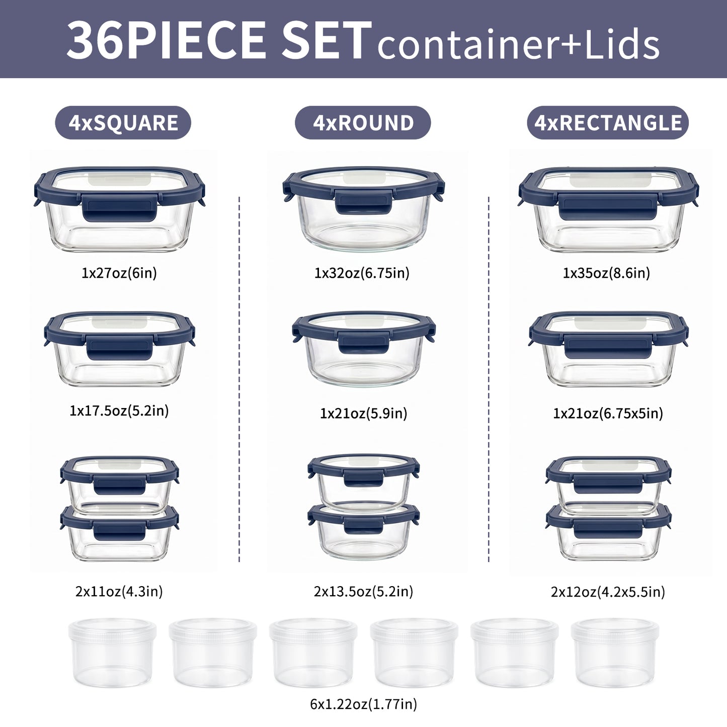 36pcs Glass Food Storage Containers with Lids Set, Airtight Meal Prep Containers (18 Containers & 18 Lids), Blue