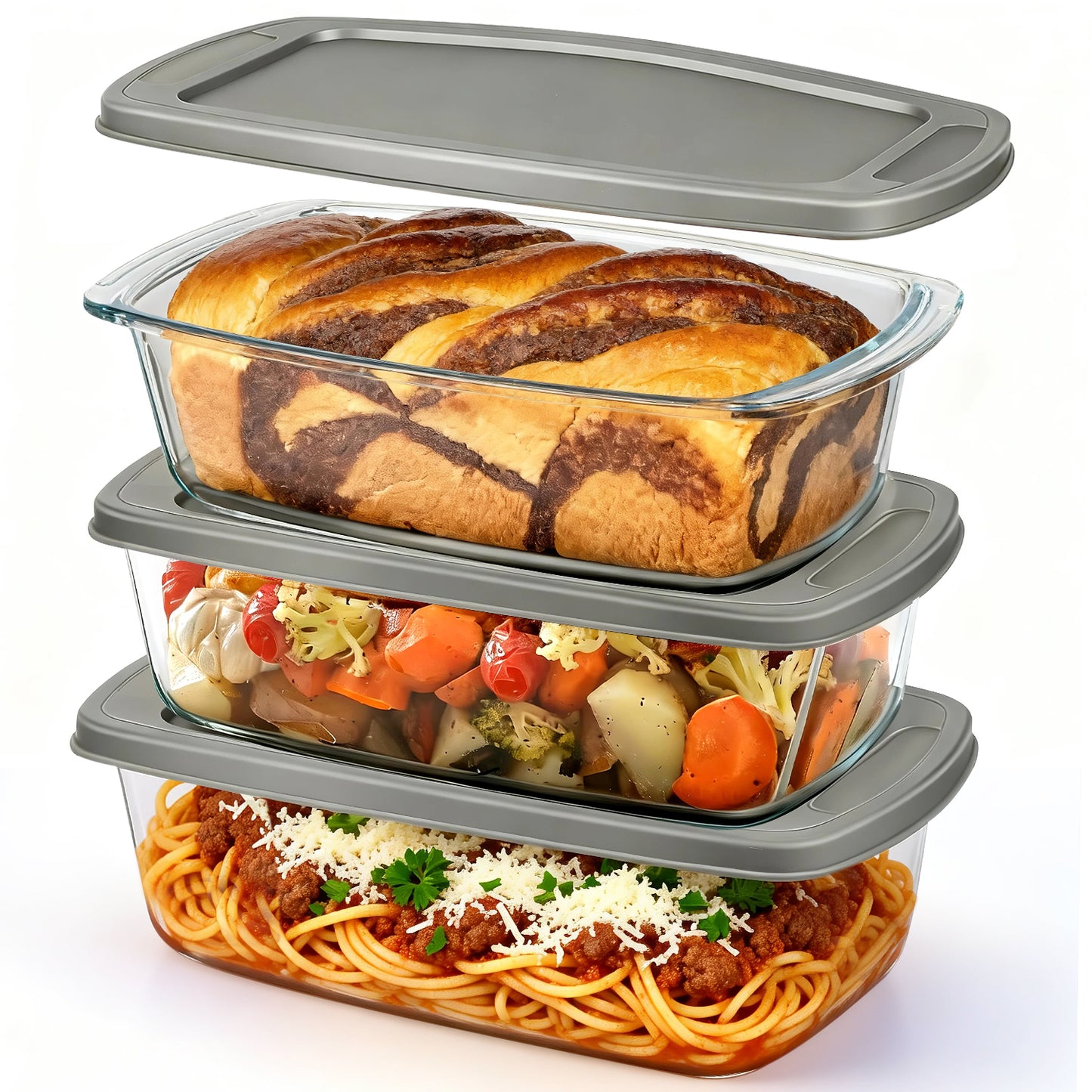3 Pack Glass Loaf Pan Set with Lids - 1.9 Qt/1800 ML Stackable Glass Bread Baking Dishes, Airtight Meal Prep Food Storage Containers, Oven & Microwave Safe, Dishwasher Safe, Grey