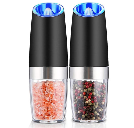 Gravity Electric Pepper and Salt Grinder Set, Adjustable Coarseness, Battery Powered with LED Light, One Hand Automatic Operation, Stainless Steel Black, 2 Pack