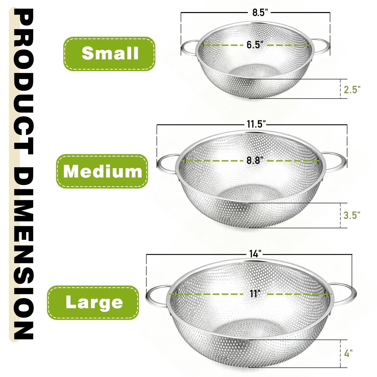 Colander Set of 3, AOKIWO Stainless Steel Micro-Perforated Colanders Strainers for Draining Rinsing Washing, Ideal for Pasta Vegetables Fruits, Heavy Duty & Dishwasher Safe - 1/3/5 Quart