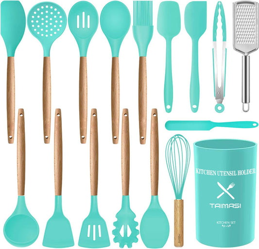 17 Pcs Silicone Cooking Kitchen Utensils Set with Holder, Wooden Handles Silicone Turner Tongs Spatula Spoon Kitchen Gadgets Utensil Set for Nonstick Cookware (Green)