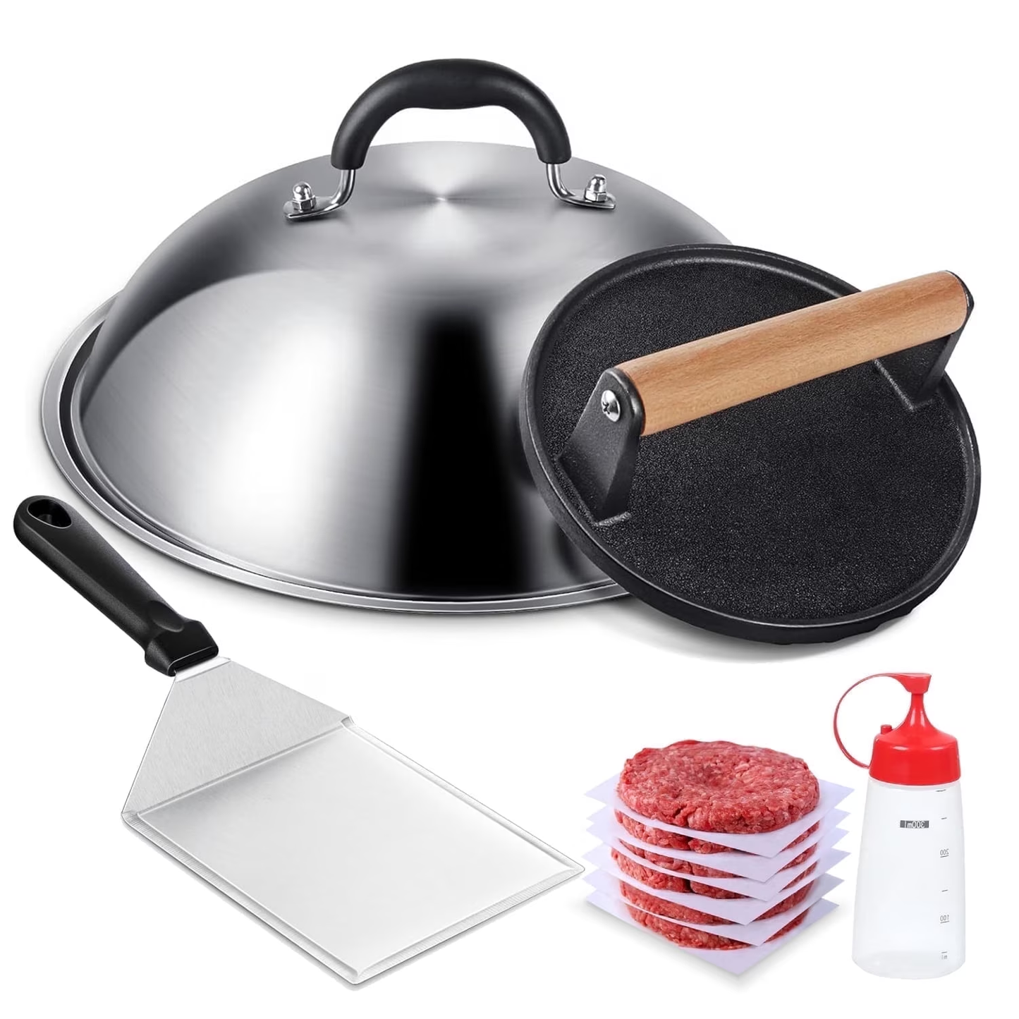Mibote Griddle Accessories, 5 Piece Smash Burger Kit, 7" Cast Iron Press & 12.5" Steel Dome for Blackstone, Spatula & Patty Paper