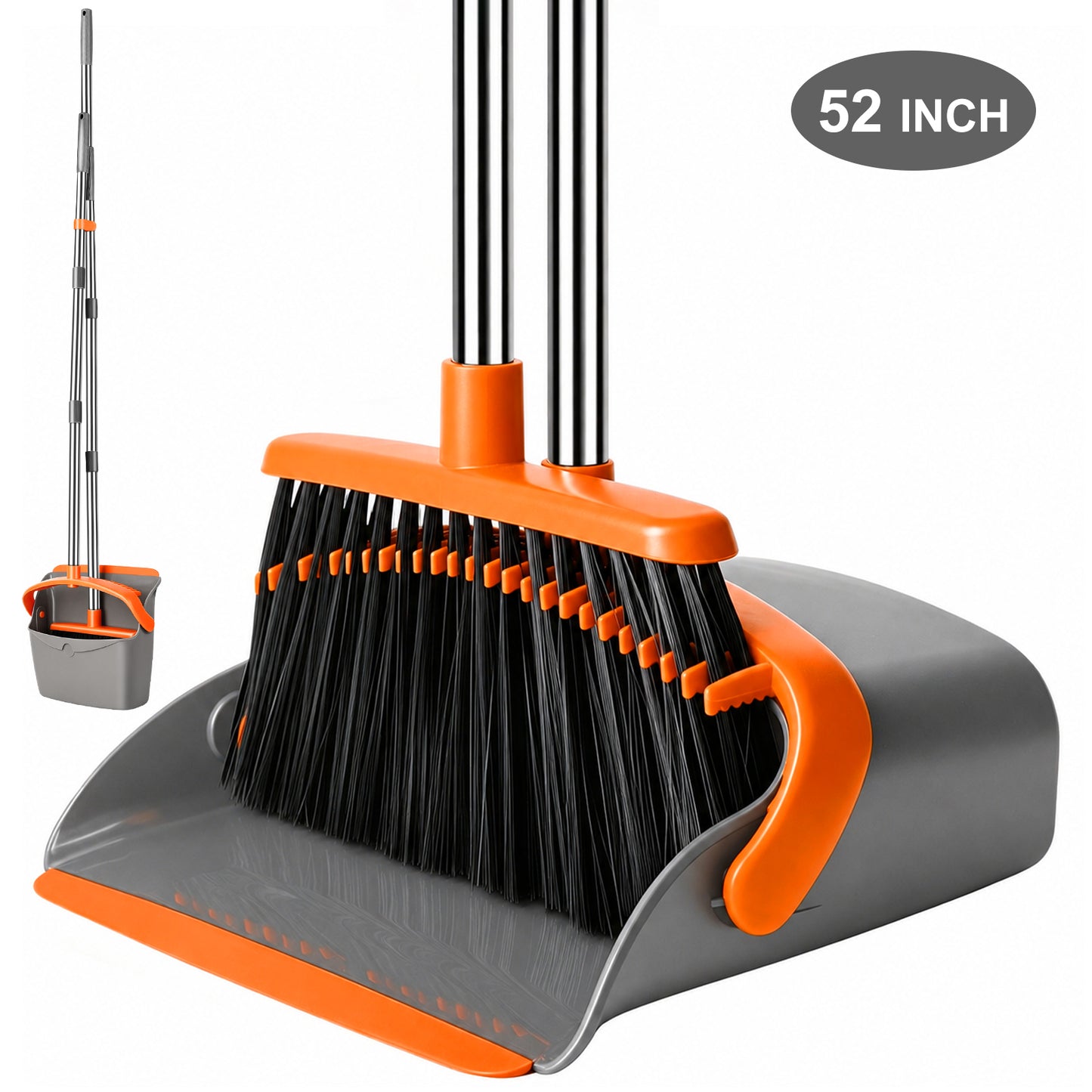Upgrade Broom and Dustpan Set, TAIMASI Broom with Dustpan Combo with 52" Long Adjustable Handle, Ideal for Indoor Outdoor Garage Kitchen Room Office Lobby (Gray&Orange)