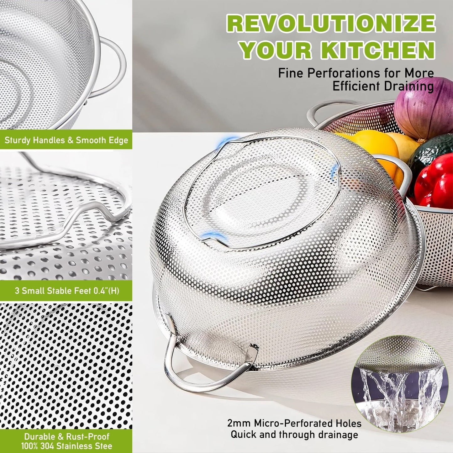 Colander Set of 3, AOKIWO Stainless Steel Micro-Perforated Colanders Strainers for Draining Rinsing Washing, Ideal for Pasta Vegetables Fruits, Heavy Duty & Dishwasher Safe - 1/3/5 Quart