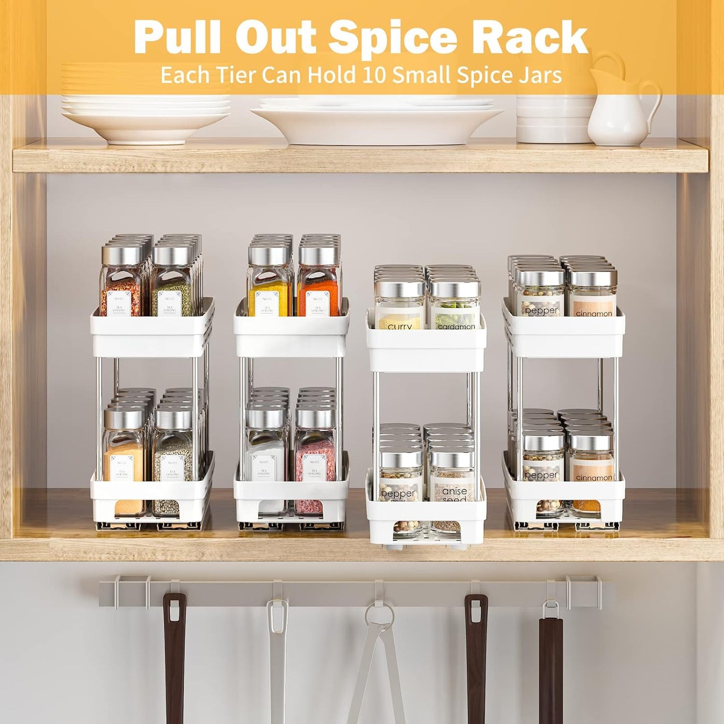 2 Tier Pull Out Spice Rack Organizer for Cabinet, 3 Packs Slide Out Spice Racks Organizer, Spice Cabinet Organizers, Cabinet Size Need:12'' Highx11'' Deepx5'' Wide, White