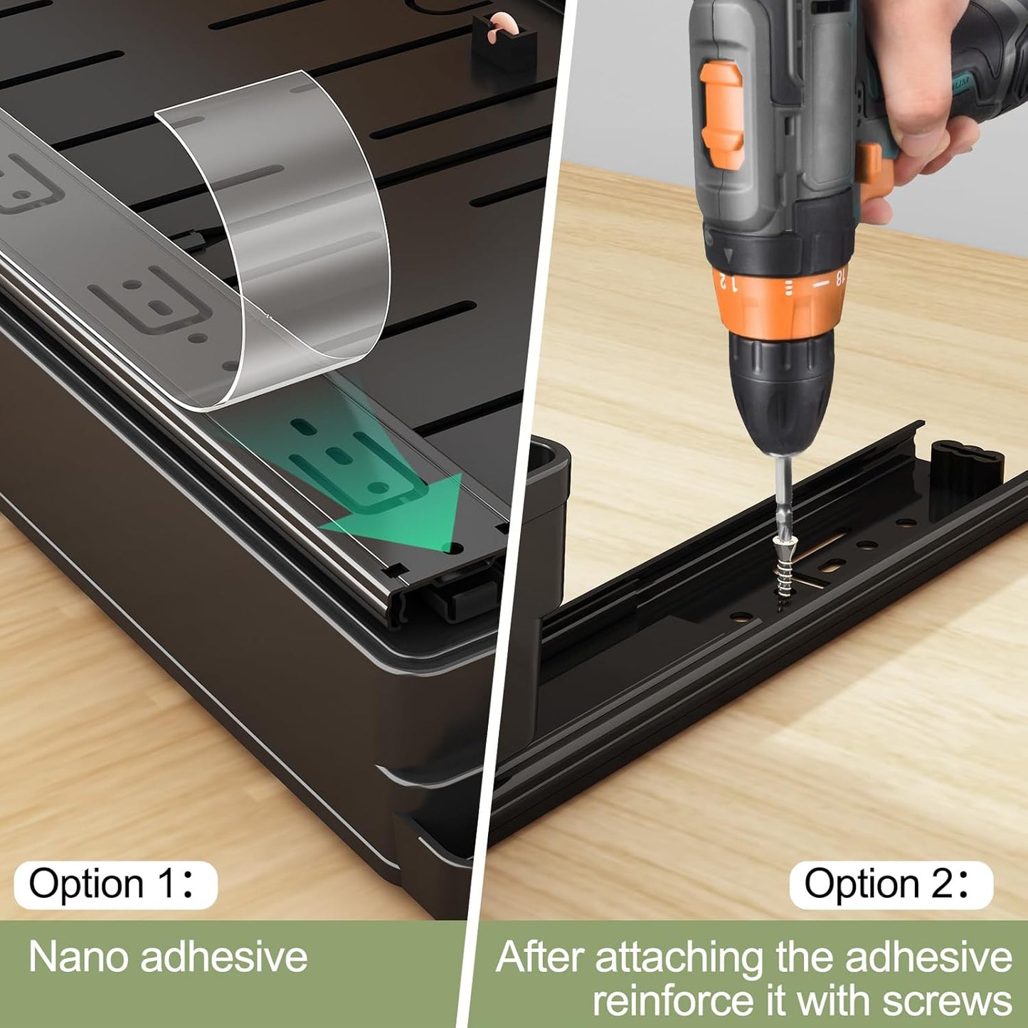 2 Pcs Pull Out Cabinet Organizers Expandable (13''-19''), Plastic Slide Out Drawers for Kitchen, Bathroom, Pantry, Under Sink, Pull Out Drawers Fixed with Adhesive Nano Film (Black)