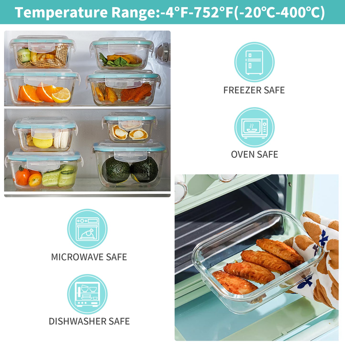 16 Pcs Glass Food Storage Containers , Meal Prep , Airtight Bento Boxes with Leak Proof Locking Lids, for Microwave, Oven, Freezer and Dishwasher, BPA Free