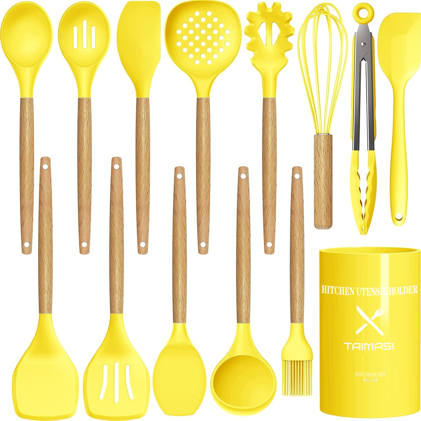 14 Pcs Silicone Cooking Utensils Kitchen Utensil Set - 446°F Heat Resistant,Turner Tongs, Spatula, Spoon, Brush, Whisk, Wooden Handle Gray Gadgets with Holder for Nonstick Cookware (BPA Free)
