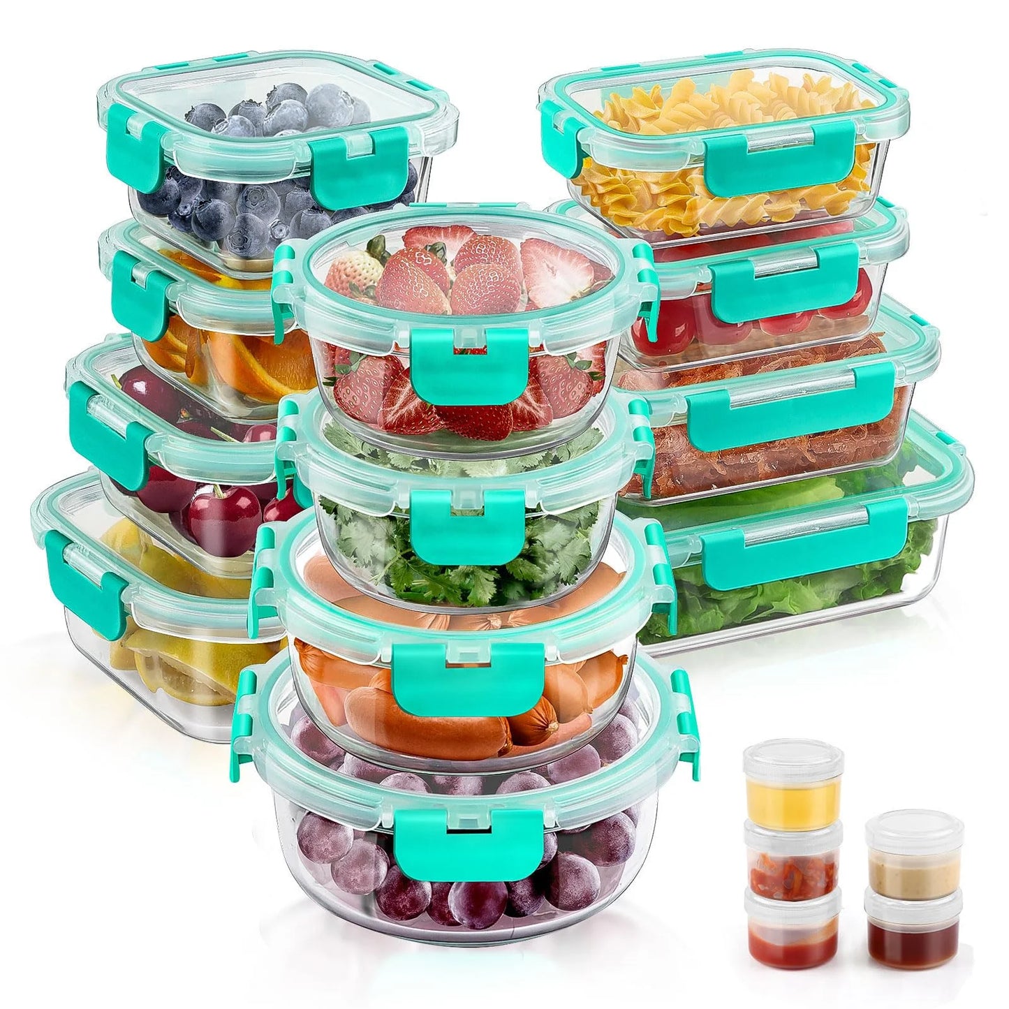 34pcs Glass Food Storage Containers with Lids Set, Airtight Glass Meal Prep Containers (17 Containers & 17 Lids),Leak Proof Lunch Containers BPA-Free, Microwave, Oven, Freezer, Dishwasher,Green