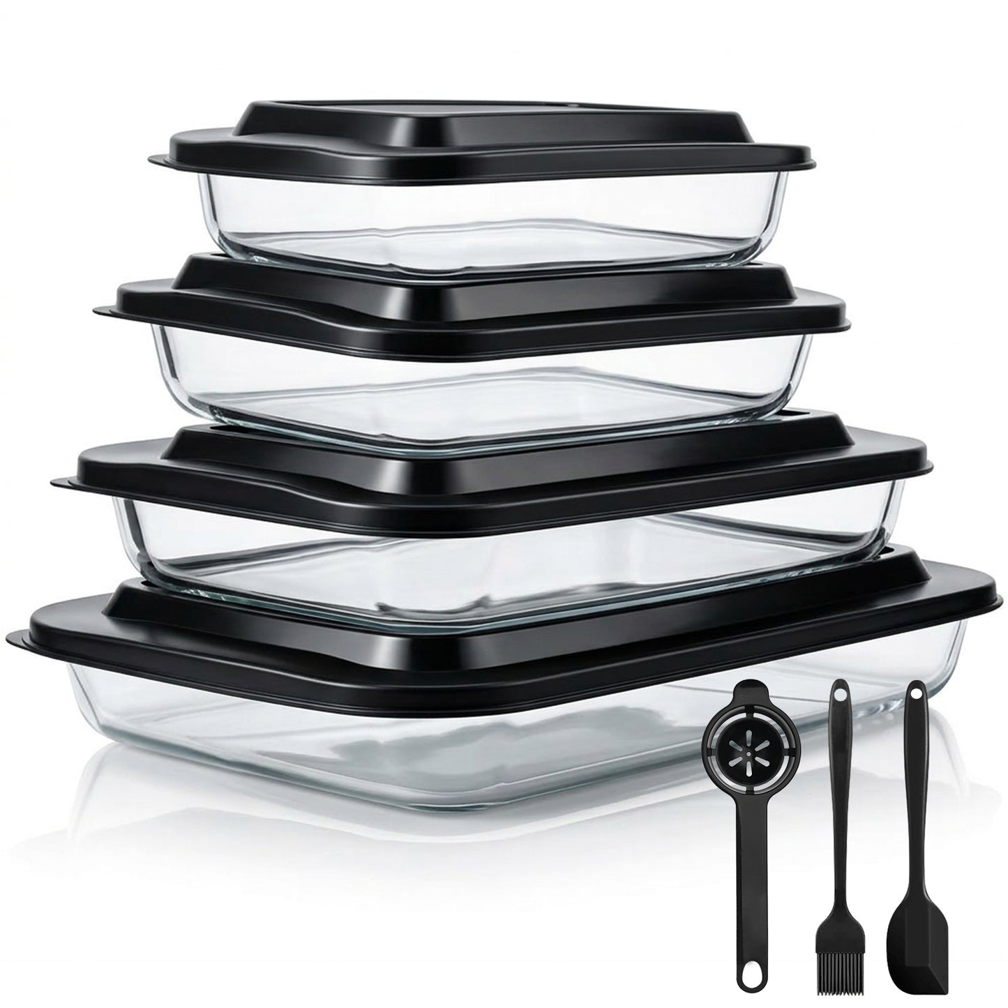11 Pcs Deep Glass Baking Dish Set with lids/Egg Separator/Brush/Spatula, Rectangular Glass Baking Pans Bakeware Set for Lasagna, Leftovers, Cooking, Freezer-to-Oven, Black