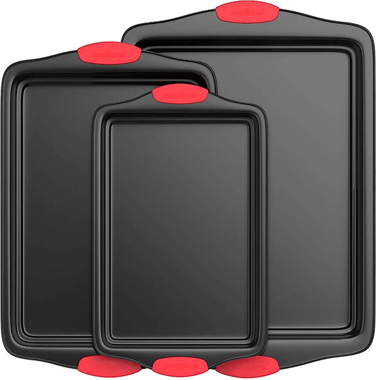 AOKIWO 3-Piece Non-Stick Carbon Steel Oven Baking Pans, Nonstick Coating Baking & Cookie Sheets with Silicone Handles