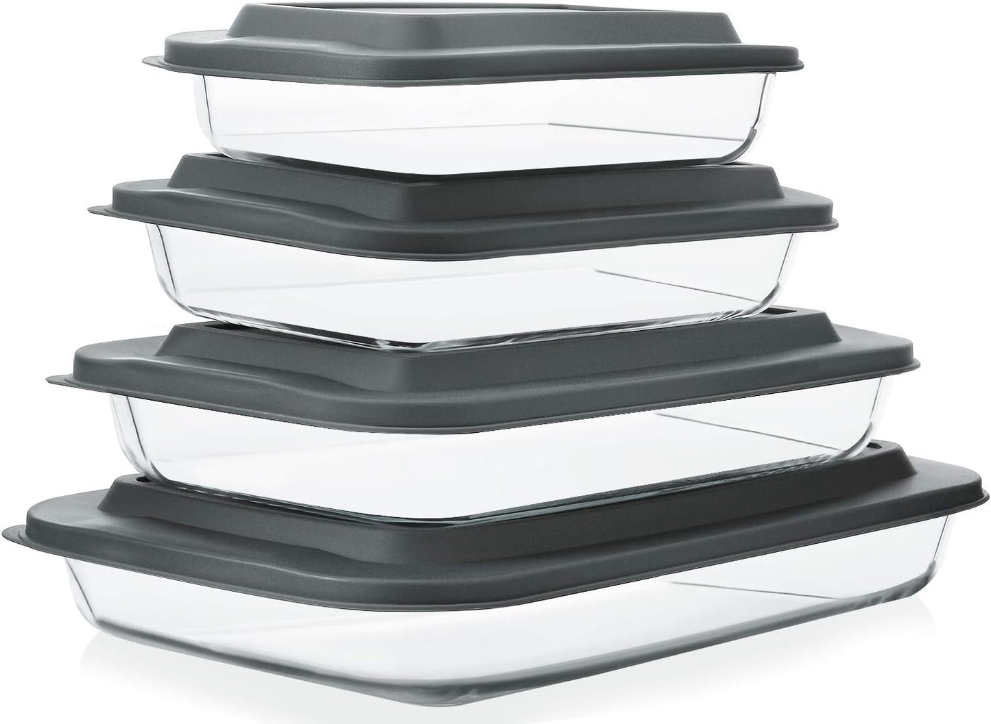 8-Piece Deep Glass Baking Dish Set with Plastic lids, Rectangular Glass Bakeware Set with Lids, Baking Pans for Lasagna, Leftovers, Cooking, Kitchen, Freezer-to-Oven and Dishwasher, Grey