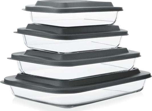 8-Piece Deep Glass Baking Dish Set with Plastic lids, Rectangular Glass Bakeware Set with Lids, Baking Pans for Lasagna, Leftovers, Cooking, Kitchen, Freezer-to-Oven and Dishwasher, Grey