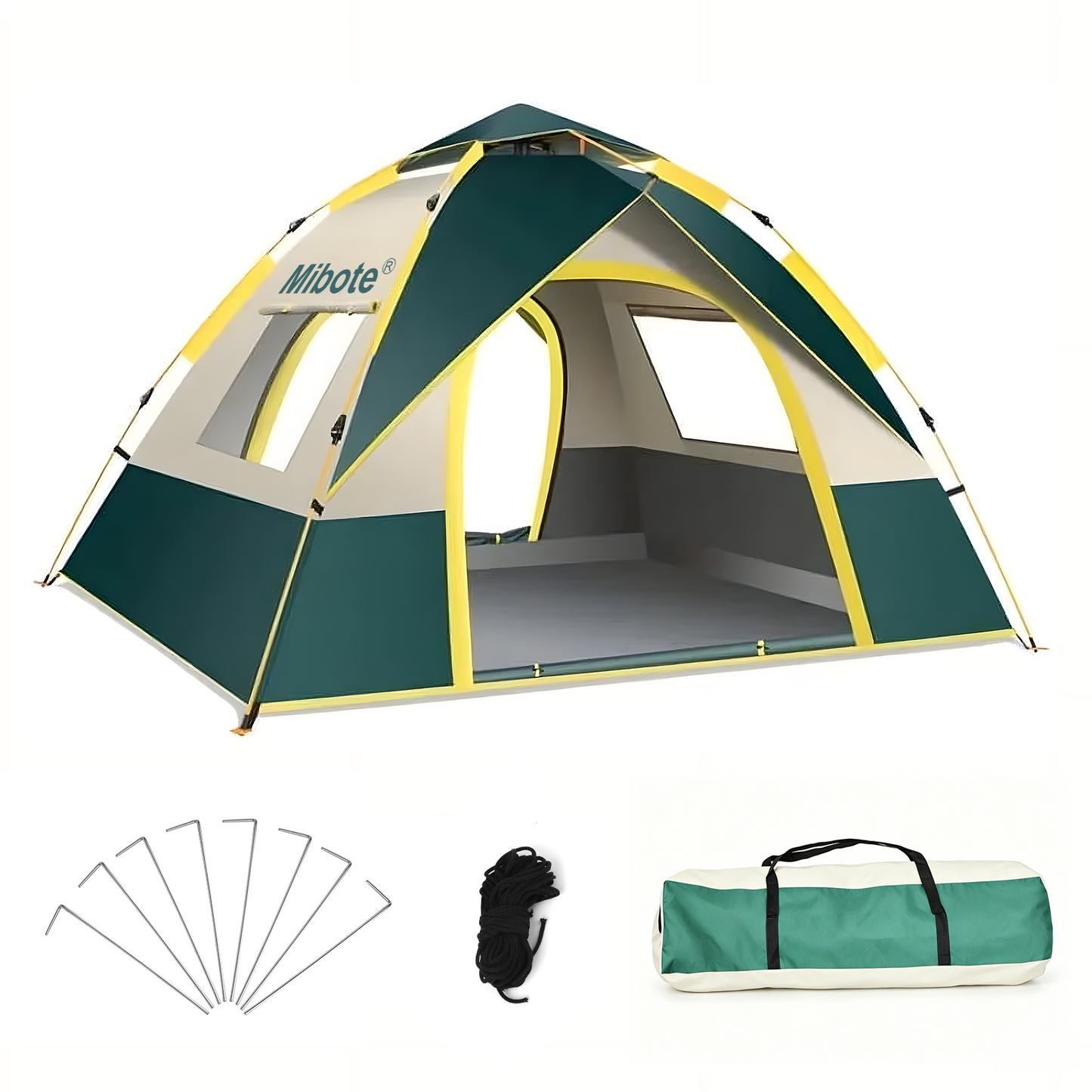 Mibote 4-Person Camping Tent, Auto Setup Pop Up Tent, Waterproof, Huge Door & Windows for Camping, Hiking, Travel
