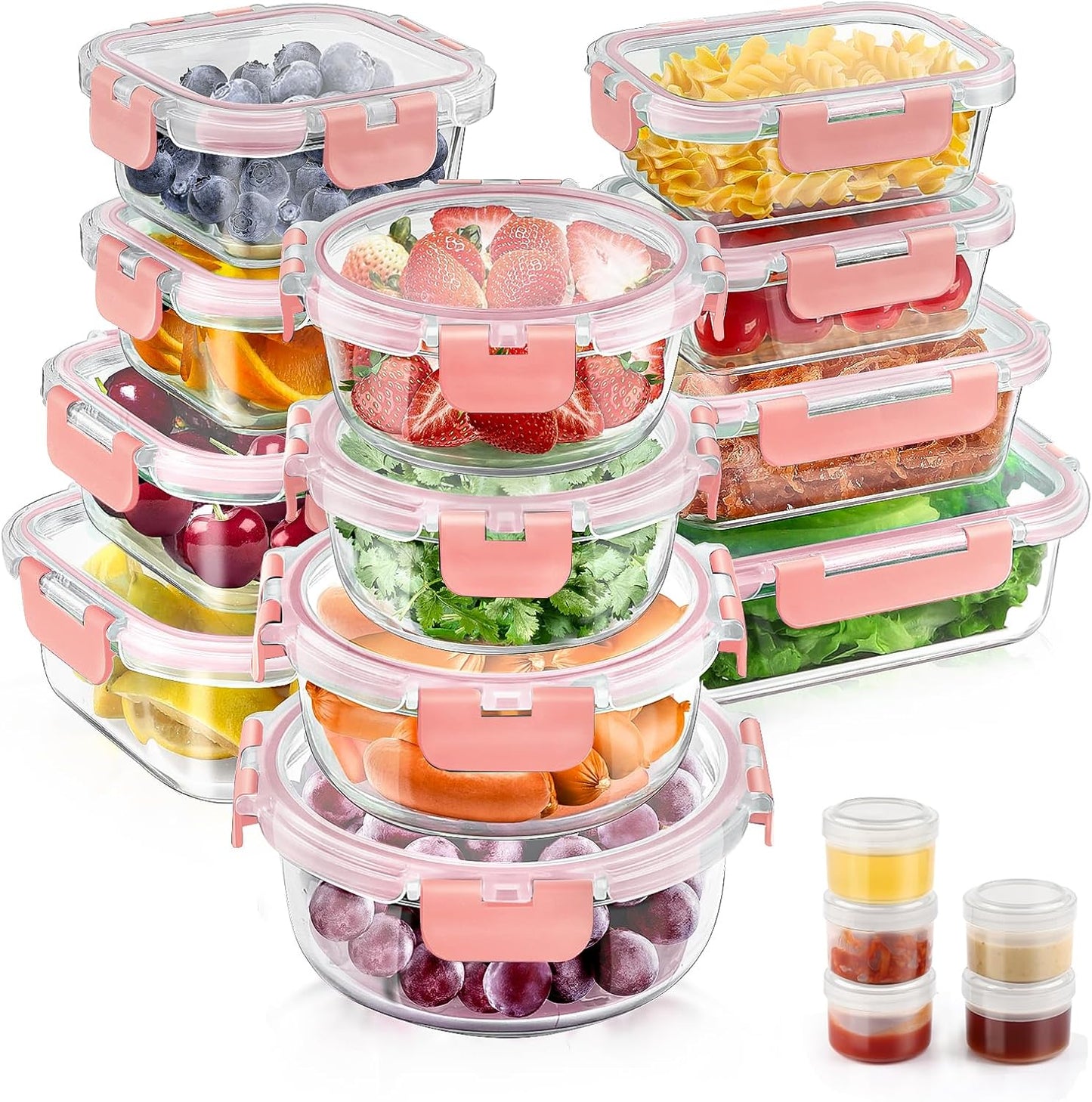 34pcs Glass Food Storage Containers with Lids Set, Airtight Glass Meal Prep Containers (17 Containers & 17 Lids),Leak Proof Lunch Containers BPA-Free, Microwave, Oven, Freezer, Dishwasher,Grey