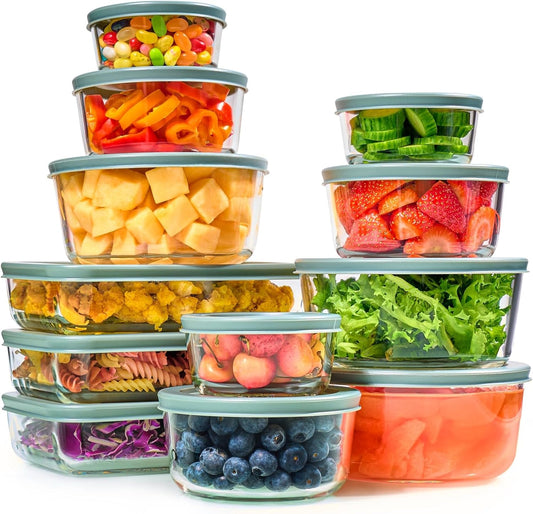 24Pcs Glass Food Storage Containers with Lids(12 Containers & 12 Lids), Stackable Airtight Meal Prep Lunch Boxes Bowls, Microwave Freezer Dishwasher Safe, Green