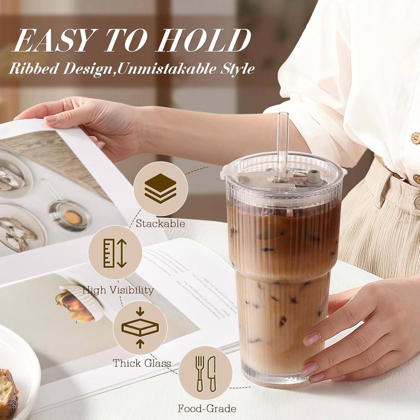 4 Packs Glass Cup with Lids and Straws, TAIMASI Ribbed 20oz Leak Proof Iced Coffee Tumbler Set with Brush ,Iced Coffee, Smoothies, Cocktails, Juice